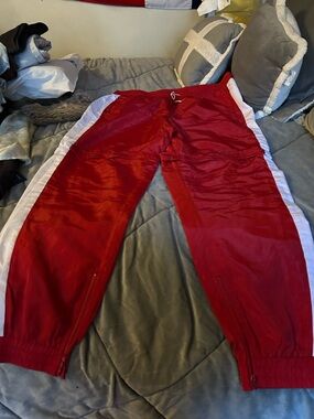 Fashion Nova Red Nylon Track Pants with White Label